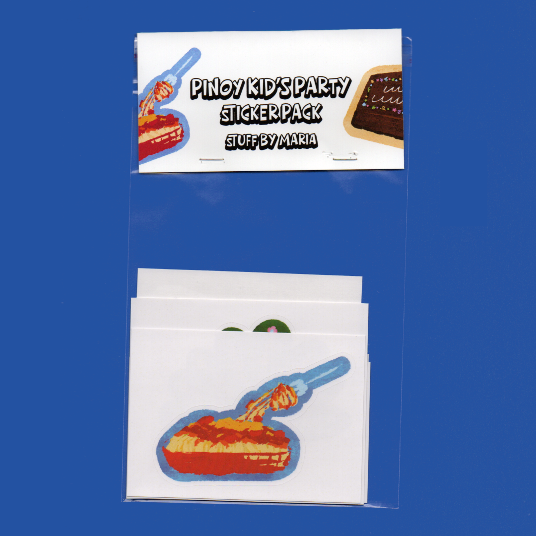 Stuff by Maria packaging of Pinoy Kid's Party sticker pack with Filipino spaghetti kiss-cut sticker in front on a blue background