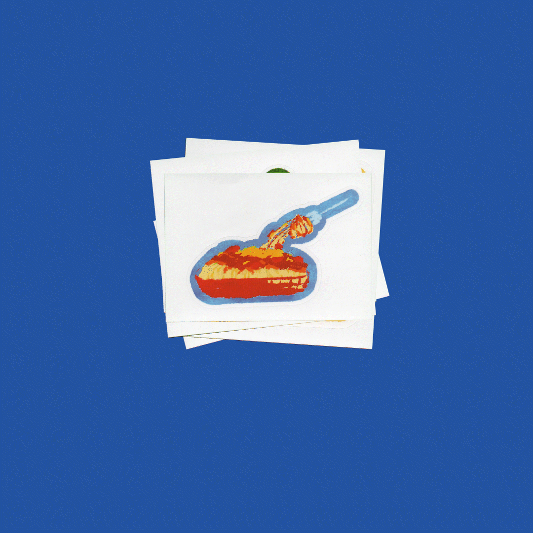 Stop motion animation of a sticker pack of Filipino food like spaghetti, chocolate cake, red hot dogs and flower marshmallow skewers on a watermelon and text that say "Kain na." and "Sarap"