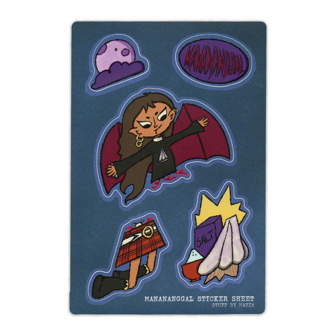 Sticker sheet of a Filipino mythical creature called Manananggal with a moon and a cloud and garlic and salt