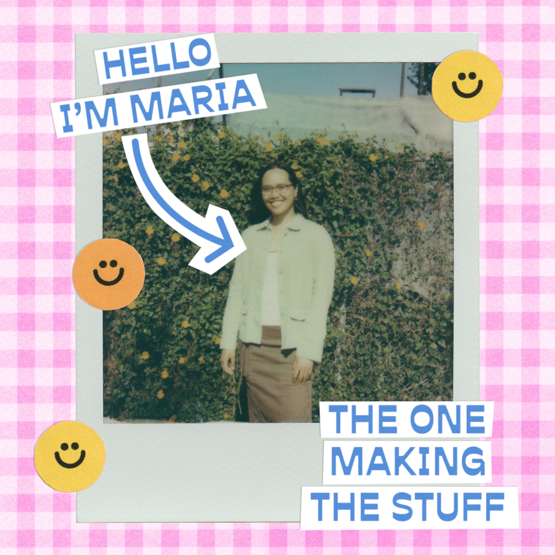 Stop motion animation of a polaroid of a woman with yellow and orange smiley cartoon cutouts and text cutouts that say "Hello I'm Maria the one making the stuff" on a pink gingham background